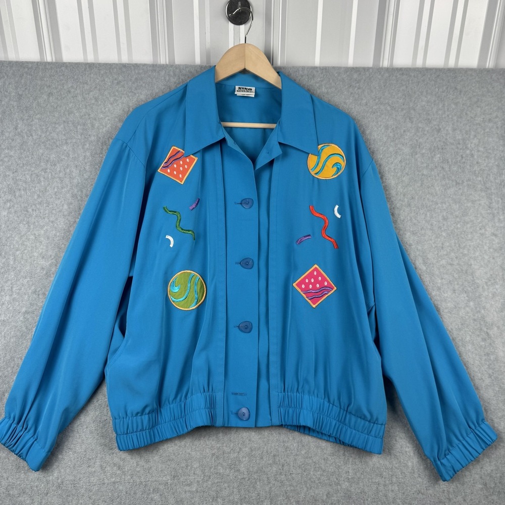 Vintage Nino Wong Jacket Womens Medium Blue 80s Retro Geometric‎ Patch Button Up